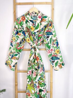 Luxury Velvet House Robe Unisex Kimono Boho Jacket Lined Winter Gift Quirky Monkey Urban White Green Rust Orange | Jungle Christmas Vibe - Image 5