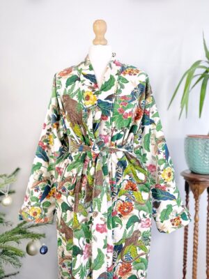 Luxury Velvet House Robe Unisex Kimono Boho Jacket Lined Winter Gift Quirky Monkey Urban White Green Rust Orange | Jungle Christmas Vibe - Image 6