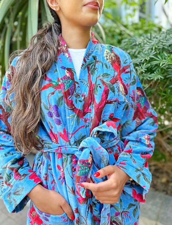 Luxury Velvet House Robe Unisex Kimono Boho Jacket Reversible Indian Silk Lined Quirky Autumn Winter Christmas Gift Iced Blue Exotic Bird