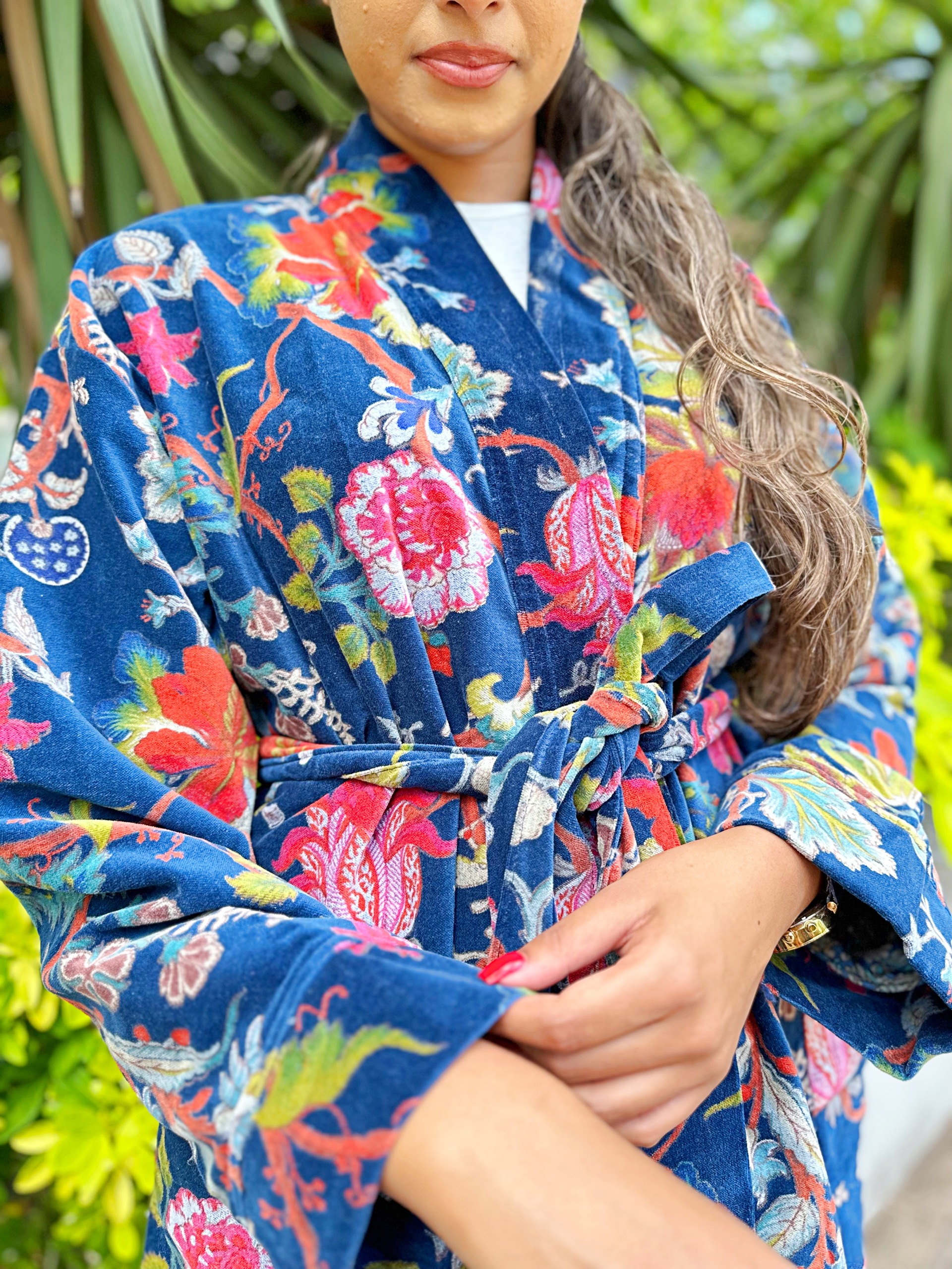 Luxury Velvet House Knee Short Robe Unisex Kimono Boho Jacket Reversible Indian Art Silk Quirky Autumn Winter Gift Rich Blue Exotic Forest Fair trade products Vintage Bohemian style Essential