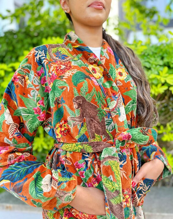 Luxury Velvet House Robe Unisex Kimono Boho Jacket Reversible Indian Silk Lined Winter Gift Quirky Monkey Urban Rust Orange | Jungle Romance