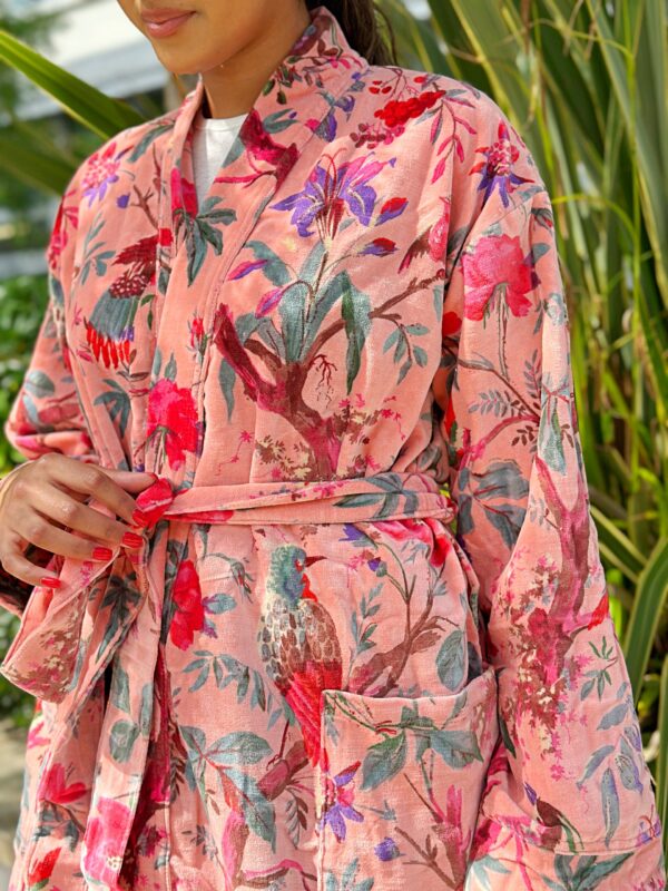 Luxury Velvet House Robe Unisex Kimono Boho Jacket Reversible Indian Silk Lined Winter Gift Quirky Soft Peach Birds Paradise Exotic Love