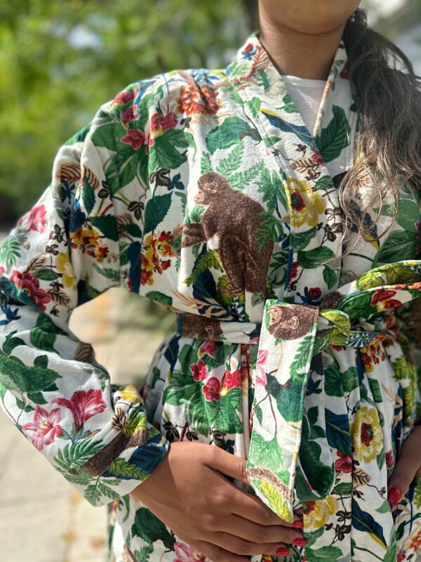 Luxury Velvet House Robe Unisex Kimono Boho Jacket Lined Winter Gift Quirky Monkey Urban White Green Rust Orange | Jungle Christmas Vibe