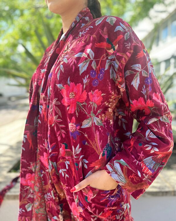 Luxury Velvet House Robe Unisex Kimono Boho Jacket Indian Silk Lined Exotic Christmas Love Classic Gift Elegant | Rich Chic Wine Maroon Red