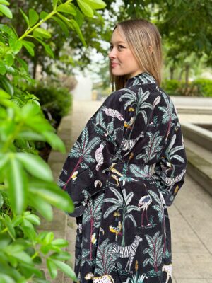 Luxury Velvet House Robe Unisex Kimono Boho Jacket Cotton Lined Winter Valentine Gift | Elegant Royal Navy Blue Jungle Safari Cheetah Animal - Image 2
