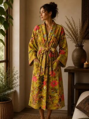 Luxury Velvet House Robe Unisex Kimono Boho Jacket Lined Valentine Lover Gift | Henna Green Pink Exotic Birds Paradise Tropical Stripe