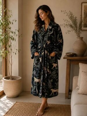Luxury Velvet House Robe Unisex Kimono Boho Jacket Cotton Lined Winter Valentine Gift | Elegant Royal Navy Blue Jungle Safari Cheetah Animal