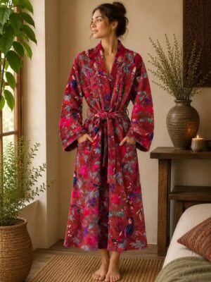 Luxury Velvet House Robe Unisex Kimono Boho Jacket Indian Silk Lined Exotic Christmas Love Classic Gift Elegant | Rich Chic Wine Maroon Red