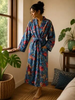 Luxury Velvet House Robe Unisex Kimono Boho Jacket Reversible Indian Silk Lined Quirky Autumn Winter Christmas Gift Deep Turquoise Bird