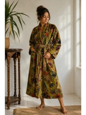 Luxury Velvet House Robe Unisex Kimono Boho Jacket Reversible Indian Silk Lined | Autumn Winter Christmas Gift Elegant | Royal Henna Green