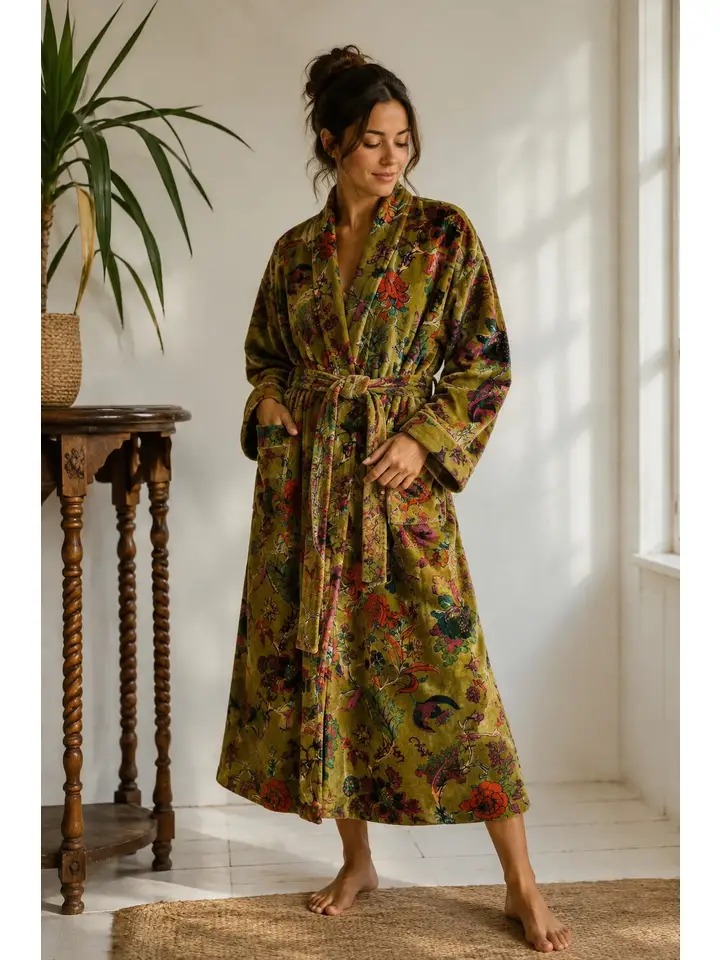 Luxury Velvet House Robe Unisex Kimono Boho Jacket Reversible Indian Silk Lined | Autumn Winter Christmas Gift Elegant | Royal Henna Green