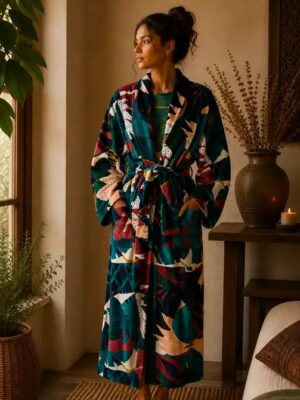 Luxury Velvet House Robe Unisex Kimono Boho Jacket | Quirky Autumn Winter Christmas Gift Deep Green Blue Beige White Rust Mustard Abstract