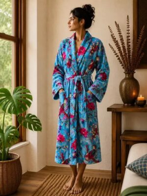 Luxury Velvet House Robe Unisex Kimono Boho Jacket Reversible Indian Silk Lined Quirky Autumn Winter Christmas Gift Iced Blue Exotic Bird