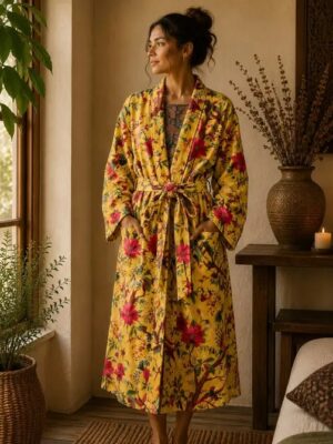 Luxury Velvet House Robe Unisex Kimono Boho Jacket Indian Silk Lined Winter Gift Royal Bright Yellow Exotic Bird Paradise | Mothers Day Love