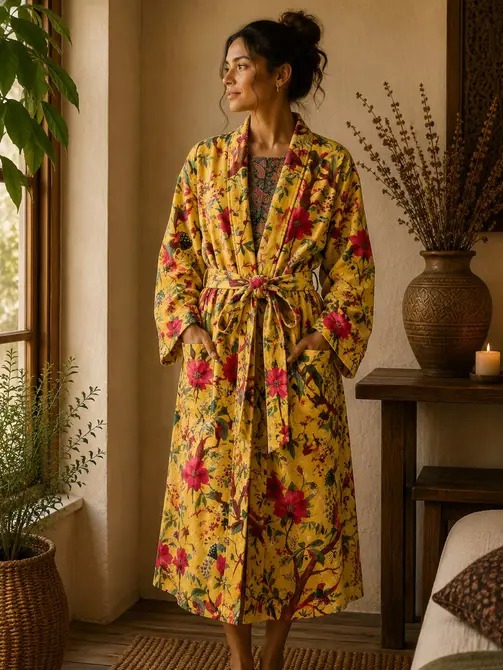 Luxury Velvet House Robe Unisex Kimono Boho Jacket Indian Silk Lined Winter Gift Royal Bright Yellow Exotic Bird Paradise | Mothers Day Love