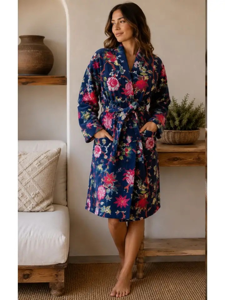 Luxury Velvet House Knee Short Robe Unisex Kimono Boho Jacket Reversible Indian Art Silk Quirky Autumn Winter Gift Rich Blue Exotic Forest