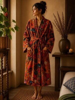 Luxury Velvet House Robe Unisex Kimono Boho Jacket Reversible Indian Silk Lined Cosy Warm Gift Elegant Fire Orange Passion | Mother Love