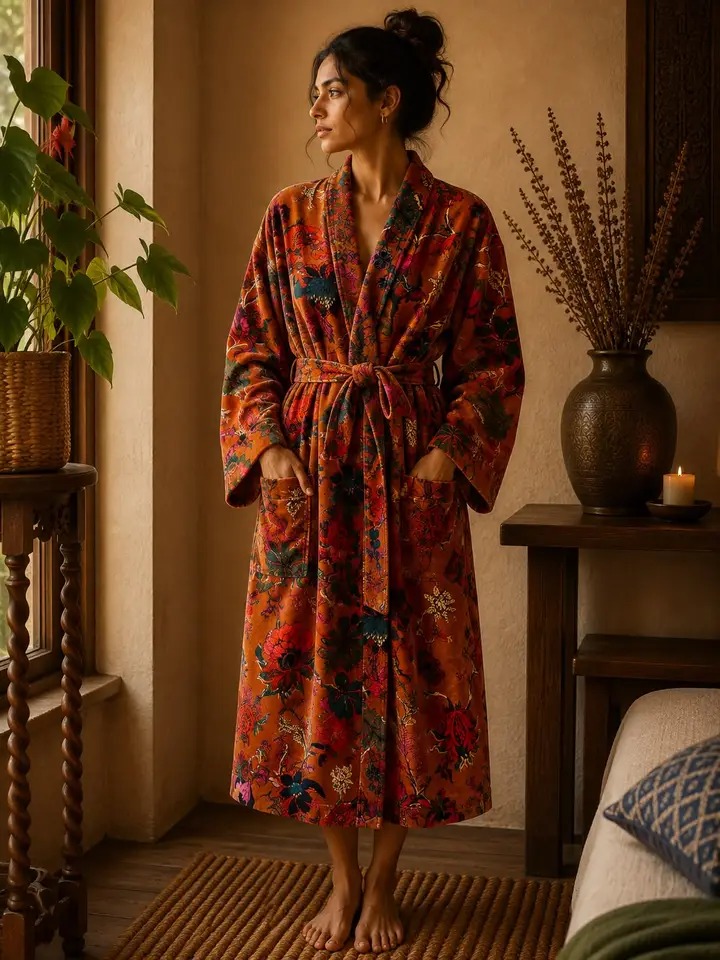 Luxury Velvet House Robe Unisex Kimono Boho Jacket Reversible Indian Silk Lined Cosy Warm Gift Elegant Fire Orange Passion | Mother Love