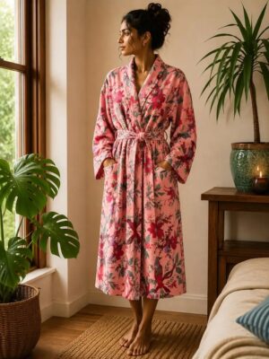 Luxury Velvet House Robe Unisex Kimono Boho Jacket Reversible Indian Silk Lined Winter Gift Quirky Soft Peach Birds Paradise Exotic Love