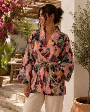 Suzani Hand Embroidered Short Bolero Front Tie Cotton Jacket | Spring Festival Coat Boho Crewel | Love Special Gift | Rose Apricot Peach