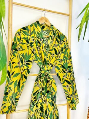 Luxury Velvet House Robe Unisex Kimono Boho Jacket Reversible Indian Silky Lined Autumn Winter Christmas Gift Yellow Green Forest Leaves - Image 3