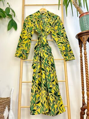 Luxury Velvet House Robe Unisex Kimono Boho Jacket Reversible Indian Silky Lined Autumn Winter Christmas Gift Yellow Green Forest Leaves - Image 4