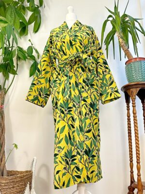 Luxury Velvet House Robe Unisex Kimono Boho Jacket Reversible Indian Silky Lined Autumn Winter Christmas Gift Yellow Green Forest Leaves - Image 5