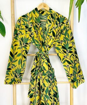 Luxury Velvet House Robe Unisex Kimono Boho Jacket Reversible Indian Silky Lined Autumn Winter Christmas Gift Yellow Green Forest Leaves - Image 8