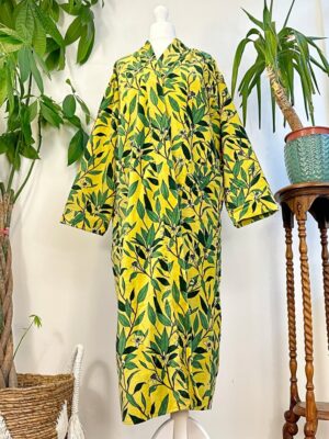 Luxury Velvet House Robe Unisex Kimono Boho Jacket Reversible Indian Silky Lined Autumn Winter Christmas Gift Yellow Green Forest Leaves - Image 9