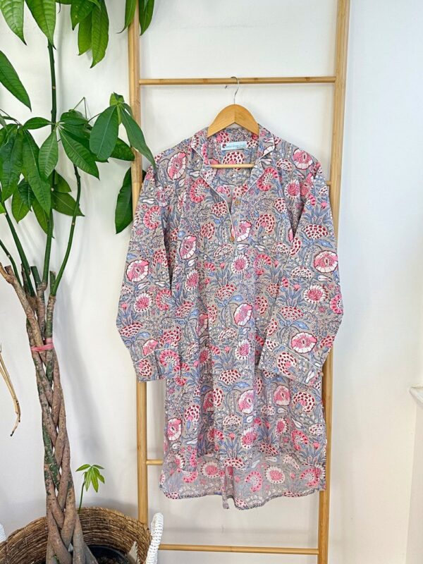 Night Shirt Luxury Soft Cotton Indian Hand Block Spring Pastel Grey White Blue Pink Botanical Floral Lounge Sleepwear Nightdress Girls