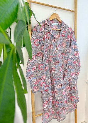 Night Shirt Luxury Soft Cotton Indian Hand Block Spring Pastel Grey White Blue Pink Botanical Floral Lounge Sleepwear Nightdress Girls - Image 2