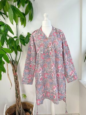 Night Shirt Luxury Soft Cotton Indian Hand Block Spring Pastel Grey White Blue Pink Botanical Floral Lounge Sleepwear Nightdress Girls - Image 4