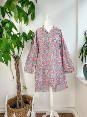 Night Shirt Luxury Soft Cotton Indian Hand Block Spring Pastel Grey White Blue Pink Botanical Floral Lounge Sleepwear Nightdress Girls - Image 8