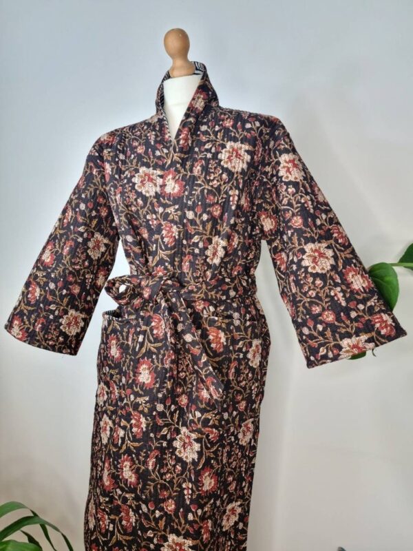 Quilted Unisex Pure Cotton Reversible Long Winter Dressing Kimono Robe Boho Indian Blockprint Classic Black Beige Red Mughal Garden Stripe