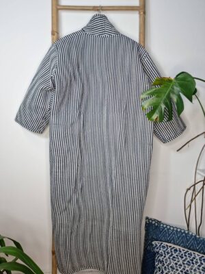 Quilted Unisex Pure Cotton Reversible Long Winter Dressing Kimono Robe Boho Indian Blockprint Classic Black Beige Red Mughal Garden Stripe - Image 10