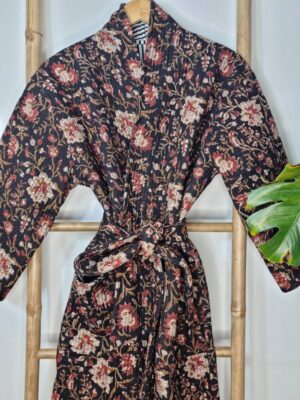 Quilted Unisex Pure Cotton Reversible Long Winter Dressing Kimono Robe Boho Indian Blockprint Classic Black Beige Red Mughal Garden Stripe - Image 2