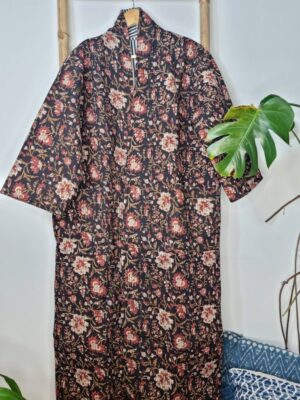 Quilted Unisex Pure Cotton Reversible Long Winter Dressing Kimono Robe Boho Indian Blockprint Classic Black Beige Red Mughal Garden Stripe - Image 3