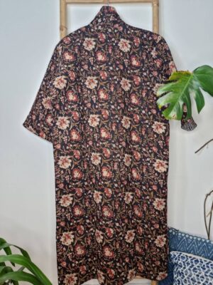 Quilted Unisex Pure Cotton Reversible Long Winter Dressing Kimono Robe Boho Indian Blockprint Classic Black Beige Red Mughal Garden Stripe - Image 4