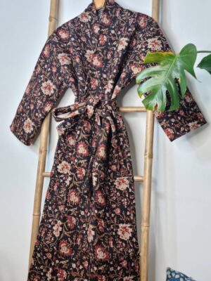 Quilted Unisex Pure Cotton Reversible Long Winter Dressing Kimono Robe Boho Indian Blockprint Classic Black Beige Red Mughal Garden Stripe - Image 5