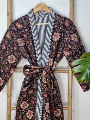 Quilted Unisex Pure Cotton Reversible Long Winter Dressing Kimono Robe Boho Indian Blockprint Classic Black Beige Red Mughal Garden Stripe - Image 6