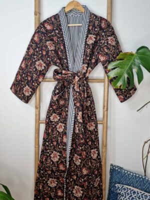 Quilted Unisex Pure Cotton Reversible Long Winter Dressing Kimono Robe Boho Indian Blockprint Classic Black Beige Red Mughal Garden Stripe - Image 7