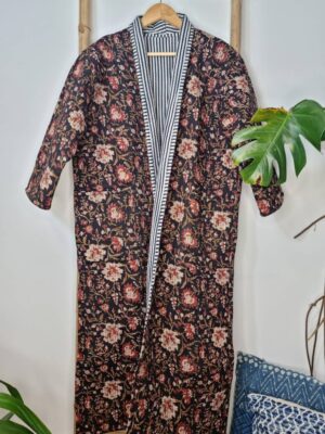 Quilted Unisex Pure Cotton Reversible Long Winter Dressing Kimono Robe Boho Indian Blockprint Classic Black Beige Red Mughal Garden Stripe - Image 8