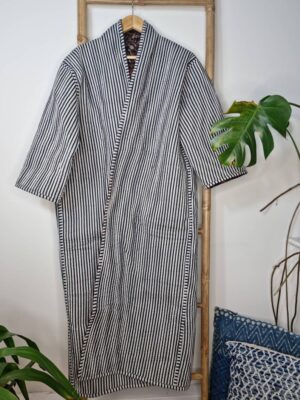 Quilted Unisex Pure Cotton Reversible Long Winter Dressing Kimono Robe Boho Indian Blockprint Classic Black Beige Red Mughal Garden Stripe - Image 9