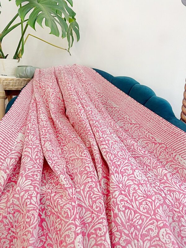 Kantha Stitch Pure Cotton Reversible Bed/Sofa Throw King Size | Handmade HandPrint Dohar White Pink Jaipur Floral Persian Pottery Motifs