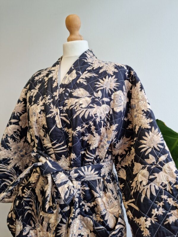 Quilted Pure Cotton Reversible Mid Length Unisex All Season Dressing Kimono Robe Boho Blockprint | Monochrome Black Beige Oriental Stripe