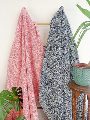 Kantha Stitch Pure Cotton Reversible Bed/Sofa Throw King Size | Handmade HandPrint Dohar White Pink Jaipur Floral Persian Pottery Motifs - Image 2