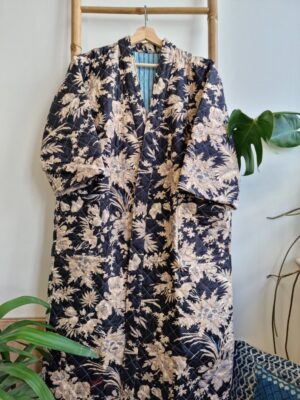 Quilted Pure Cotton Reversible Mid Length Unisex All Season Dressing Kimono Robe Boho Blockprint | Monochrome Black Beige Oriental Stripe - Image 2