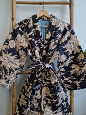 Quilted Pure Cotton Reversible Mid Length Unisex All Season Dressing Kimono Robe Boho Blockprint | Monochrome Black Beige Oriental Stripe - Image 3