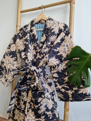 Quilted Pure Cotton Reversible Mid Length Unisex All Season Dressing Kimono Robe Boho Blockprint | Monochrome Black Beige Oriental Stripe - Image 4