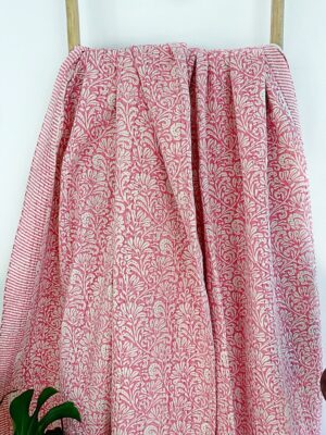Kantha Stitch Pure Cotton Reversible Bed/Sofa Throw King Size | Handmade HandPrint Dohar White Pink Jaipur Floral Persian Pottery Motifs - Image 5